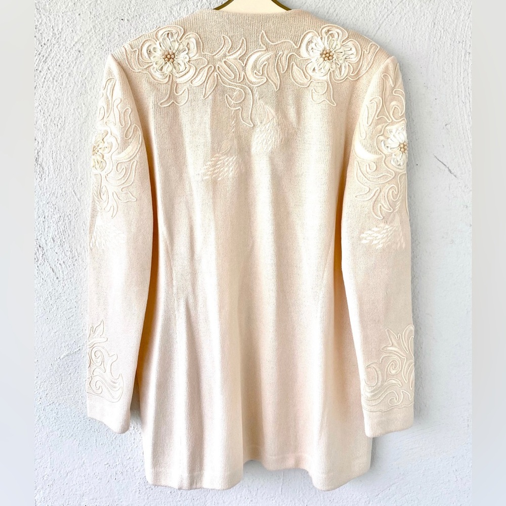 Vintage St John Knit Embroidered Cardigan // Floral Pale Pink Sweater Jacket - Picture 2 of 10